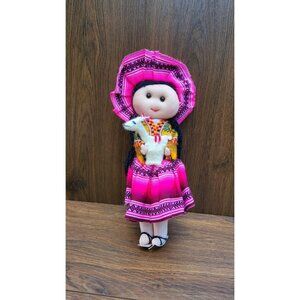 Vintage Handmade Mexican/South American Cloth Doll Girl & Llama Toy